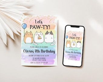 Cat Rainbow Birthday Party Invitation, Cat, Kitty, Fat Cat, Girl, Pink, Birthday, Child, Kids, Invitation, Paw-ty, Digital, INSTANT DOWNLOAD
