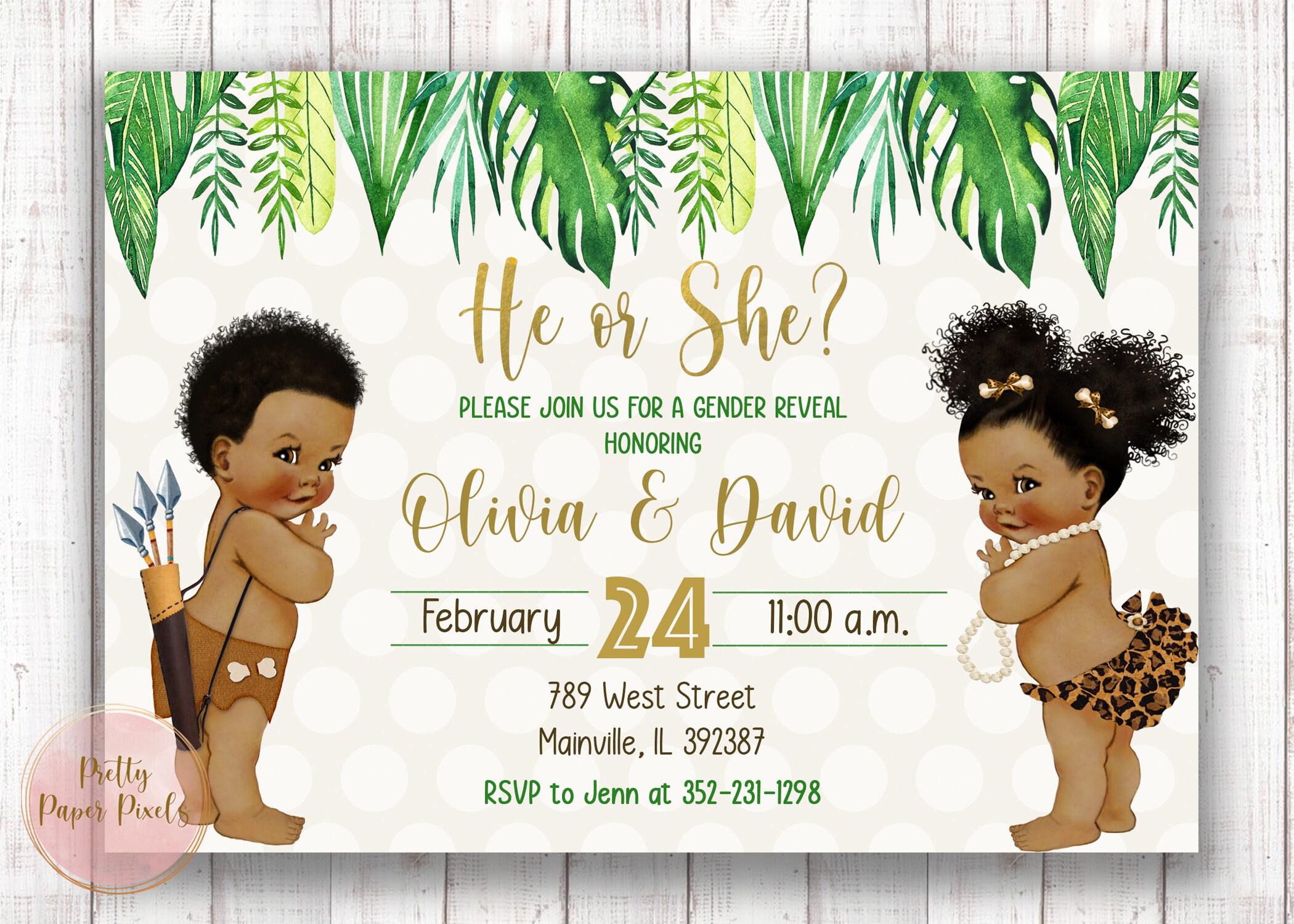 Safari, Jungle, Gender Reveal, Baby Shower, Invitation, ANY SKIN TONE