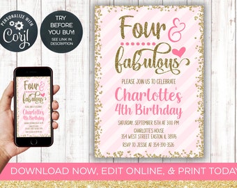 Cuatro y fabulosa invitación a la fiesta de cumpleaños, cuatro, fabuloso, 4º cumpleaños, 4º, niña, rosa, oro, invitación, editable, DESCARGA INSTANTÁNEA