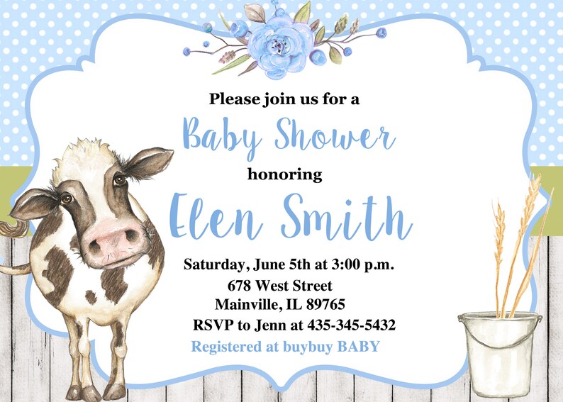 Cow Baby Shower Invitation Cow Party Farm Boy Blue Baby Etsy