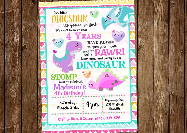 Dinosaur Birthday Party Invitation Girl Pink Dinosaur Etsy