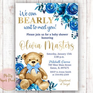 Teddy Bear Baby Shower Invito, Bambino, Baby Boy, Baby Shower, Oro, Blu, Floreale, Fiore, Orso, Teddy, BBS-1, Digitale o Stampato