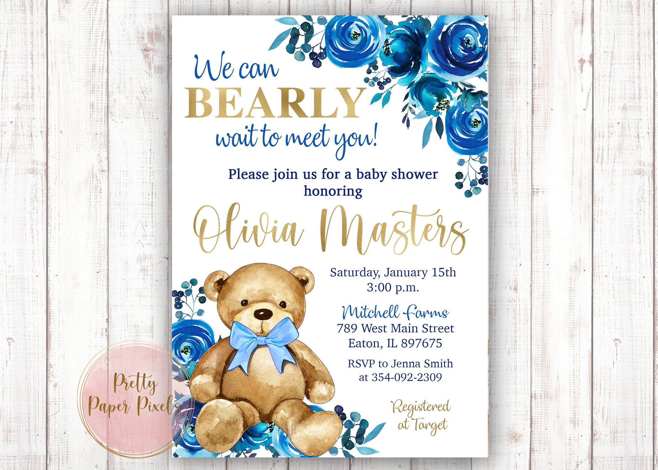 Boy Baby Shower Sparkle Baby Shower Invitation Teddy Bear Baby Shower
