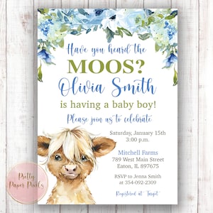 Mucca Baby Shower Invito, Cow Baby, Highland, Fattoria, Animale, Baby Shower, Ragazzo, Neonato, Fattoria, Floreale, Fiore, Blu, Digitale o Stampato