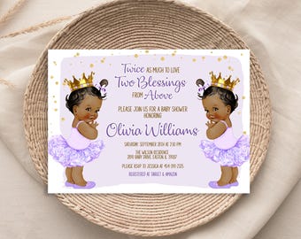 Invitación para baby shower de niñas afroamericanas gemelas - Princesas - Bebés gemelos - Dorado morado - Invitación para baby shower - Digital o impresa
