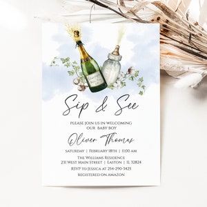 Sip & See Invito, Neonato, Baby Shower, Champagne, Bottiglia, Baby Boy Baby Shower, Acquerello, Invito, Invito, Digitale o Stampato