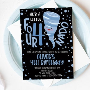 Instant Download - Fournado 4th Birthday Party Invitation - Boy&#39;s Birthday - Little Tornado - 4 Years Old - Editable Digital DIY Template