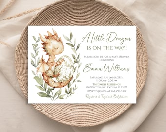 Invitación para baby shower con temática de dragón, invitación para baby shower de niño, bebé dragón, baby shower con temática de dragón, fantasía, digital o impresa