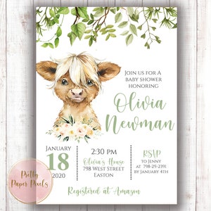 Mucca Baby Shower Invitation, Cow Baby, Highland, Farm, Animal, Baby Shower, Boy, Girl, Gender Neutral, Farm, Greenery, Digital o Printed