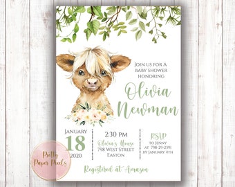 May include: A baby shower invitation with a watercolor illustration of a Highland cow with a floral wreath. The invitation is for Olivia Newman and includes the date, time, location, and RSVP information. The text reads "Join us for a baby shower honoring Olivia Newman, January 18, 2020, 2:30 PM, Olivia's House, 798 West Street, Easton, RSVP to Jenny at 798-29-2391 by January 4th. Registered at Amazon."