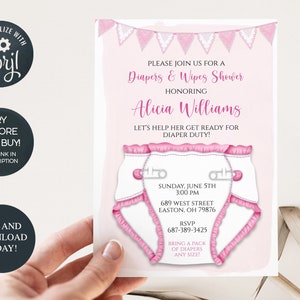 Diapers and Wipes Shower Invitation, Baby Girl, Girl, Diaper Shower, Diaper, Wipes, Pink, Nappy, Digital, Editable, INSTANT DOWNLOAD