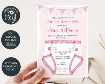 Diapers and Wipes Shower Invitation, Baby Girl, Girl, Diaper Shower, Diaper, Wipes, Pink, Nappy, Digital, Editable, INSTANT DOWNLOAD