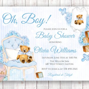 Invito doccia bambino orsacchiotto, ragazzo, neonato, baby shower, blu, bianco, orso, palloncini, orsacchiotto, digitale o stampato