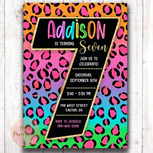 Cheetah Leopard Birthday Invitation, 7th Birthday Invitation, Safari, Seven, Seventh, Girl, Rainbow, Gold, Digital or Printed