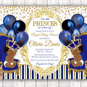 Twins Baby Shower Invitation, Twin, Boy, Prince, Princes, Royal, Crown, Baby Shower, Boys, Blue, Gold, Digital or Printed