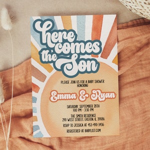 Retro Sun Baby Shower Invitation , Here Comes the Son Invite, Groovy Retro Baby Boy Sun Shower Invitation, Digitale o Stampato
