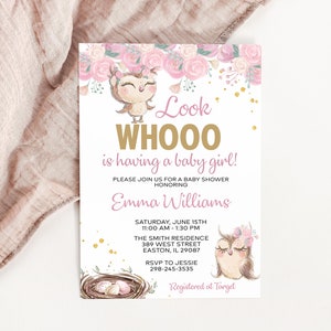 Instant Download - Owl Girl Baby Shower Invitation - Baby Girl - Owl Invite - Blush Pink Gold - Editable Template - DIY