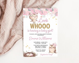 May include: A pink and gold baby shower invitation with an illustration of an owl and the text "Look Whooo is having a baby girl!"  The invitation includes details for the baby shower, including the date, time, location, and RSVP information. The text "Registered at Target" is also included.