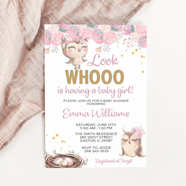 Instant Download - Owl Girl Baby Shower Invitation - Baby Girl - Owl Invite - Blush Pink Gold - Editable Template - DIY