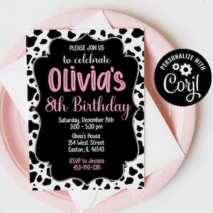 Cow Birthday Party Invitation, Silver, Pink, Girl, Farm, Cow, Birthday Invitation, Invite, Cow Print, Editable, INSTANT DOWNLOAD