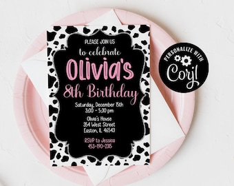 Cow Birthday Party Invitation, Silver, Pink, Girl, Farm, Cow, Birthday Invitation, Invite, Cow Print, Editable, INSTANT DOWNLOAD