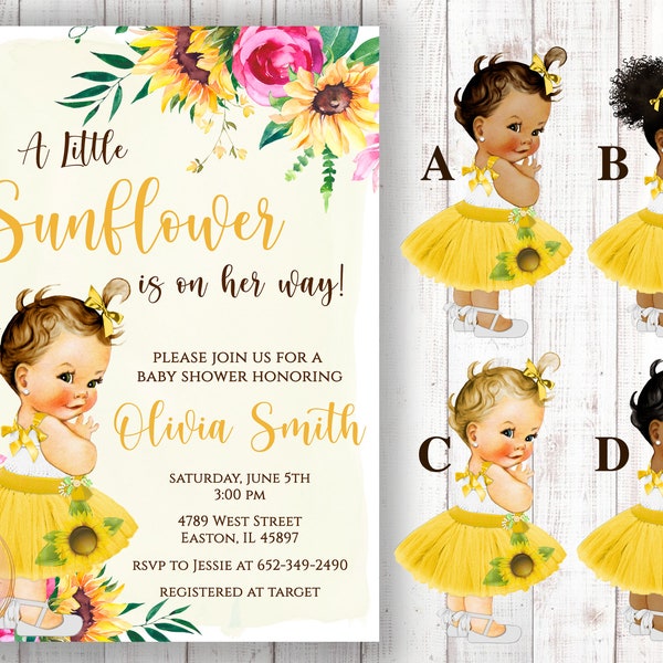 Sunflower Baby Shower Invitation, Sunflower, Flower, Pink, Yellow, Baby Doll, Girl,  Baby Girl, Floral, Shower, Invite, Digital or Printed