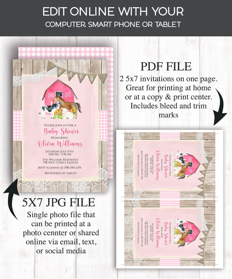 Farm Girl Baby Shower Invitation Farm Animal Cow Horse Etsy
