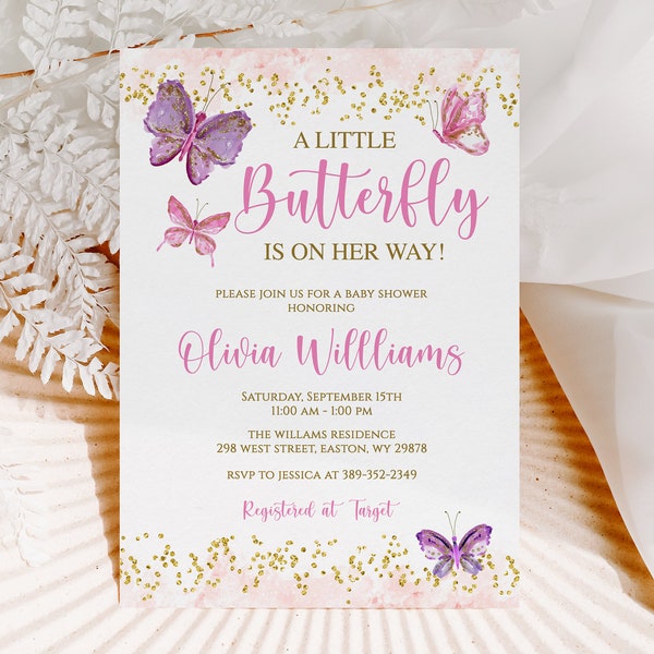 Butterfly Girl Baby Shower Invitation, Butterfly, Baby Girl, Girl, Gold, Pink, Digital or Printed