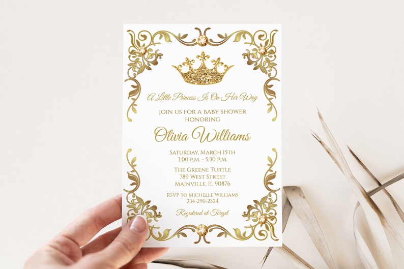 Princess Royal Baby Shower Invitation White Gold Baby Etsy