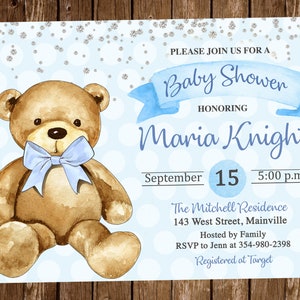 Teddy Bear Baby Shower Invitation, Boy, Baby Boy, Baby Shower, Argento, Blu, Orso, Teddy, Digitale o Stampato