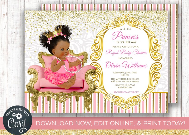 INSTANT DOWNLOAD Princess Baby Shower Invitation Princess Chair Royal Queen Baby Shower Girl Pink Gold Digital Download