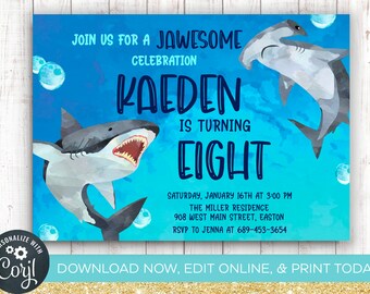 Shark Birthday Party Invitation, Shark, Boy, Girl, Shark Theme, Swimming, Swim, Pool, Party, Birthday , Digital, Editable, INSTANT DOWNLOAD