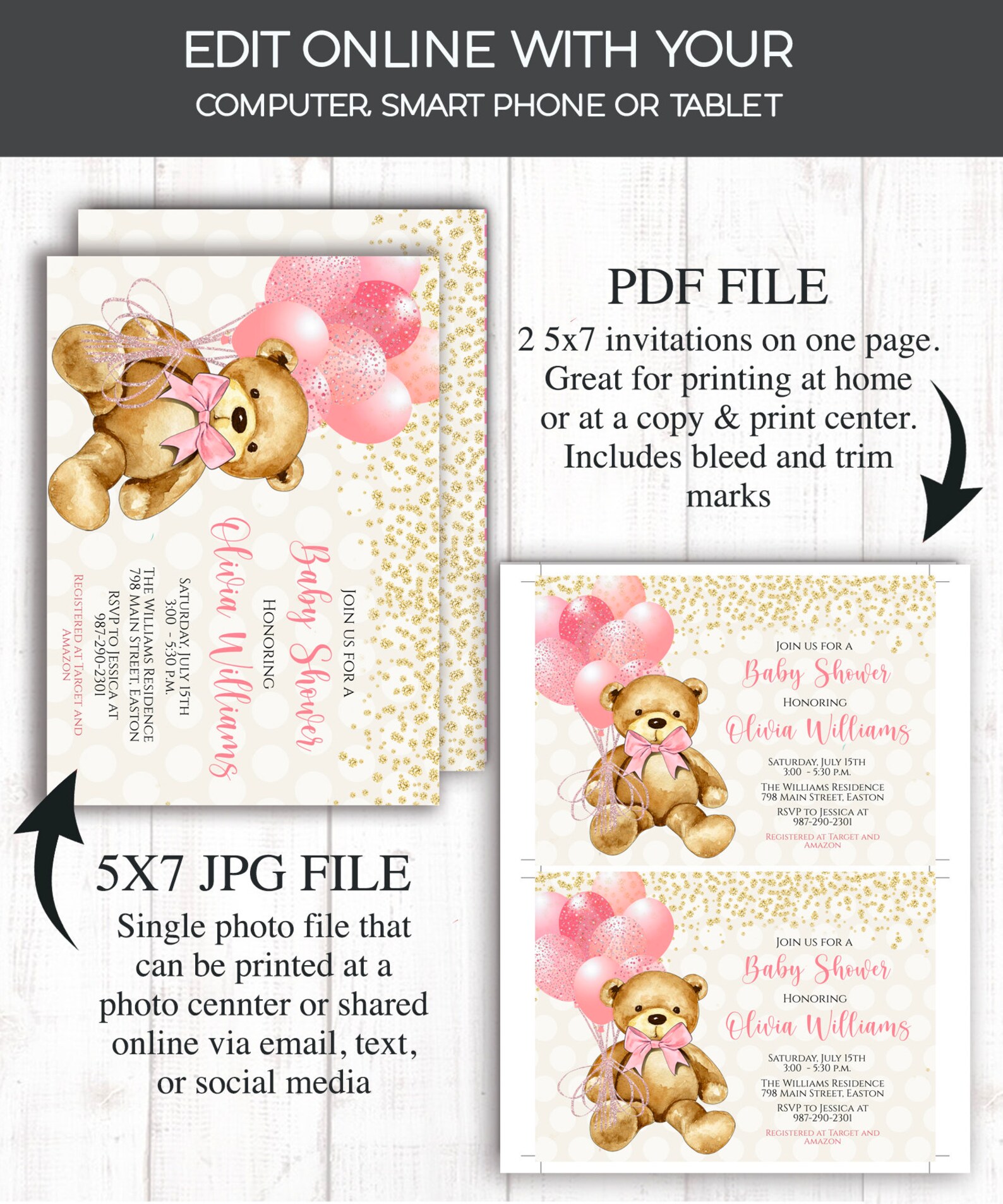 Bear Girl Baby Shower Invitation Baby Girl Bear Teddy Bear Etsy