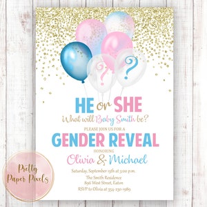 Gender Reveal Invitation, Balloons, Pink, Blue, Gold, Boy or Girl, He or She, Boy, Girl, Digital or Printed