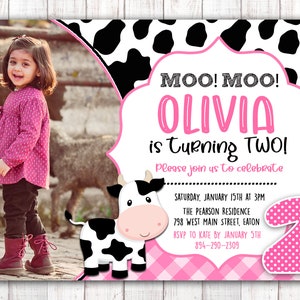 Cow Girl Birthday Party Invitation, Farm, Pink, Cow, Photo, Birthday, Petting Zoo, Animal, Moo, Cow, 2nd Birthday, Two, Digital or Printed