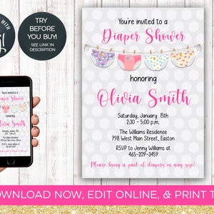 Diaper Shower Invitation, Diaper, Wipes, Baby Shower, Party, Girl, Baby Shower, Diapers, Pink, Nappy, Shower, Editable, INSTANT DOWNLOAD