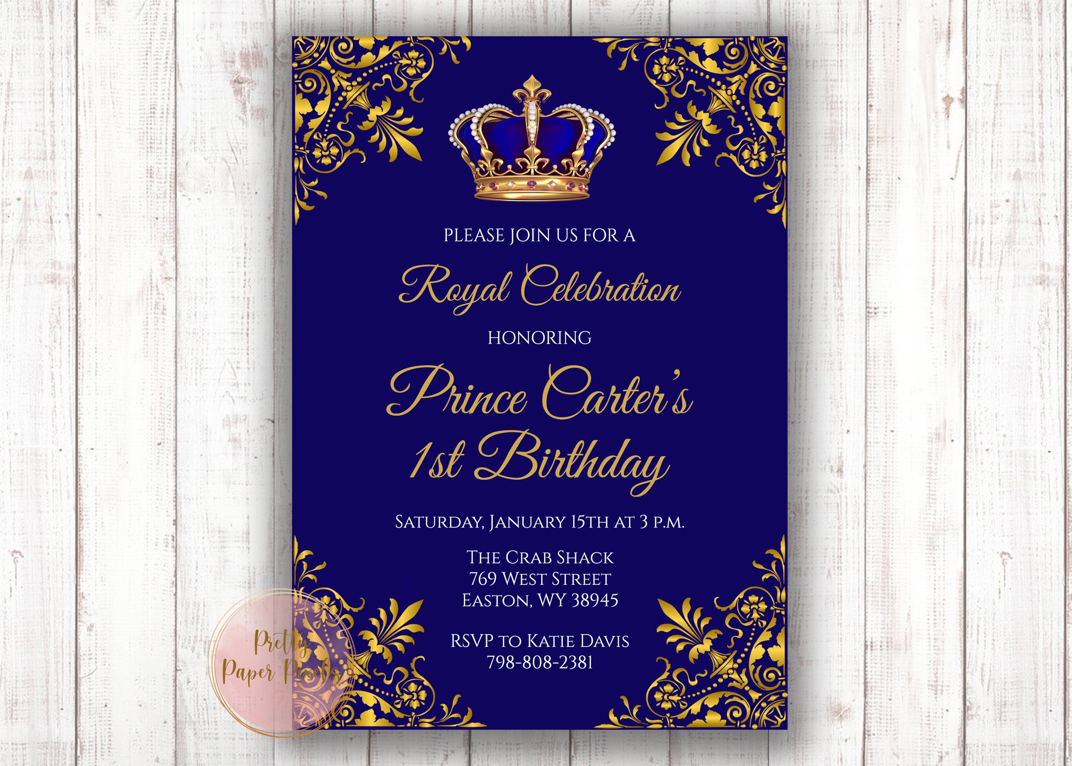 Elegant Prince Scroll Birthday Invitation in Gold and Navy 