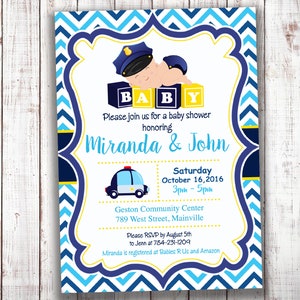 Polizia, poliziotto, forze dell'ordine, bambino della polizia, neonato, ragazzo, ufficiale, invito alla baby shower, digitale o stampato