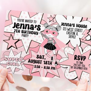 スーパーヒーローの誕生日パーティー招待状、スーパーガール、スーパーガール、レトロな招待状、女の子のスーパーヒーローの招待状、ピンク、黒、コミック、デジタルまたは印刷