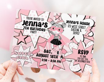 Invitación de fiesta de cumpleaños de superhéroe, Supergirl, Supergirl, invitación retro, invitación de superhéroe de niña, rosa y negro, cómic, digital o impresa