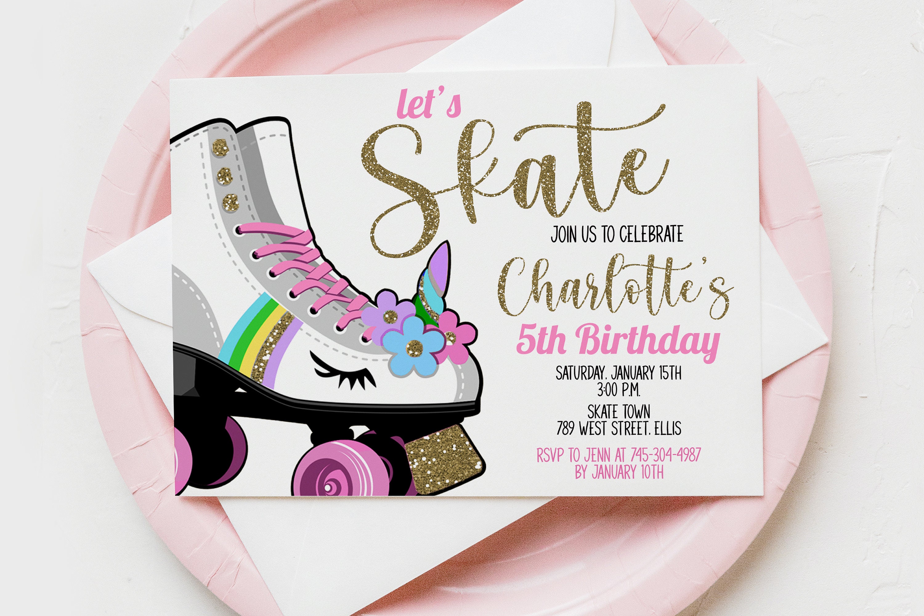 Unicorn Roller Skate Invitation Unicorn Skating Roller Etsy