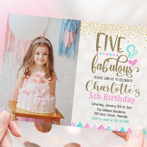 Cinco y fabulosa invitación de fiesta de cumpleaños número 5, invitación con foto, cinco años, fiesta de cumpleaños de niñas, digital o impresa