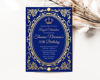 Royal Birthday Party Invitation Blue and Gold, Royal Celebration, Queen, King, Adult, Party, Invitation, Digital or Printed