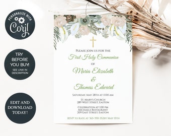 May include: First Holy Communion invitation with floral design. The invitation features a gold cross and text that reads "Please join us for the First Holy Communion of Maria Elizabeth & Thomas Edward." Includes event details.