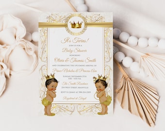 Twins Baby Shower Invitation, Prince, Princess, Boy and Girl, Twins, Gold, Digital or Printed