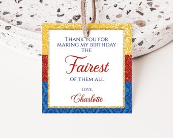 Etiqueta de regalo para fiesta de cumpleaños de Blancanieves, Blancanieves, primer cumpleaños, etiqueta de regalo, foto, rojo, dorado, azul, digital, descarga instantánea