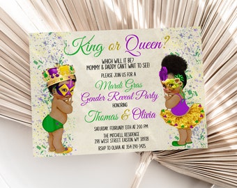 May include: A Mardi Gras themed gender reveal party invitation featuring a cartoon illustration of a baby boy wearing a crown and mask and a baby girl wearing a purple dress and mask. The text reads "King or Queen?" and "Mardi Gras Gender Reveal Party".