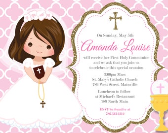 Any Hair Color, First Communion, Pink, Gold, Girl, Invitation-  or Printed with FREE SHIPPING, Digital or Printed