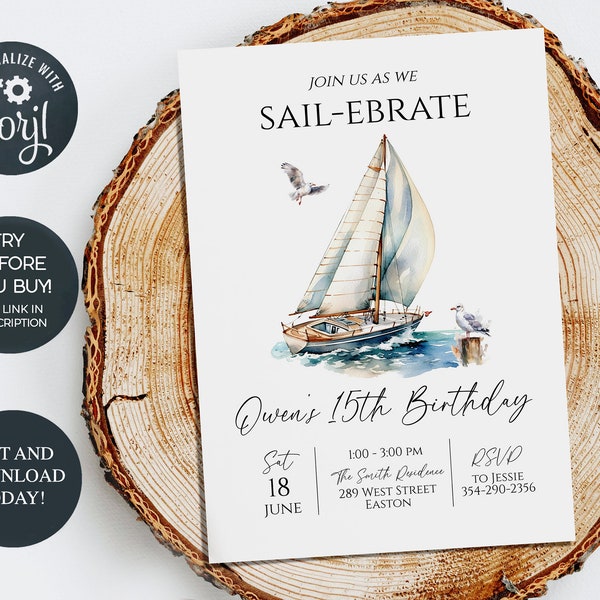 Nautical Birthday Invitation, Editable Sail Boat Birthday Invite, Modern Nautical Birthday Invite, Marine Sail Boat Invite, Instant Download