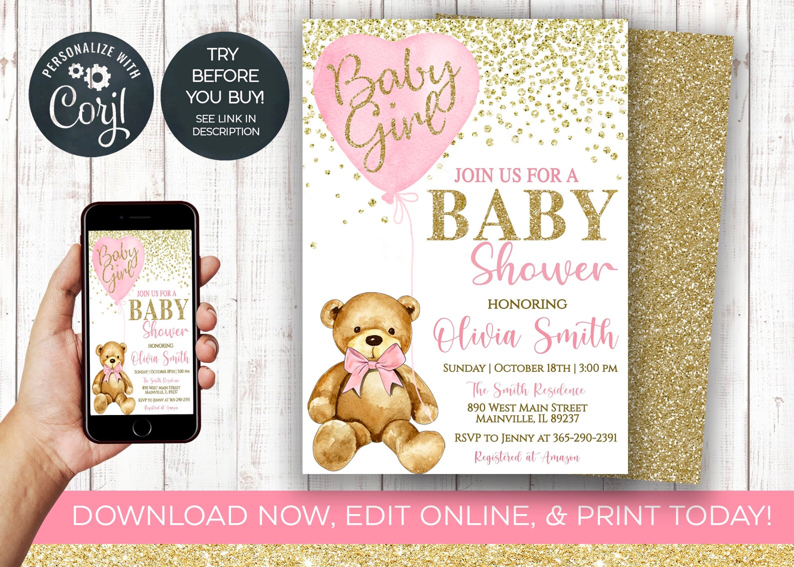 Bear Girl Baby Shower Invitation Baby Girl Bear Teddy Bear Etsy